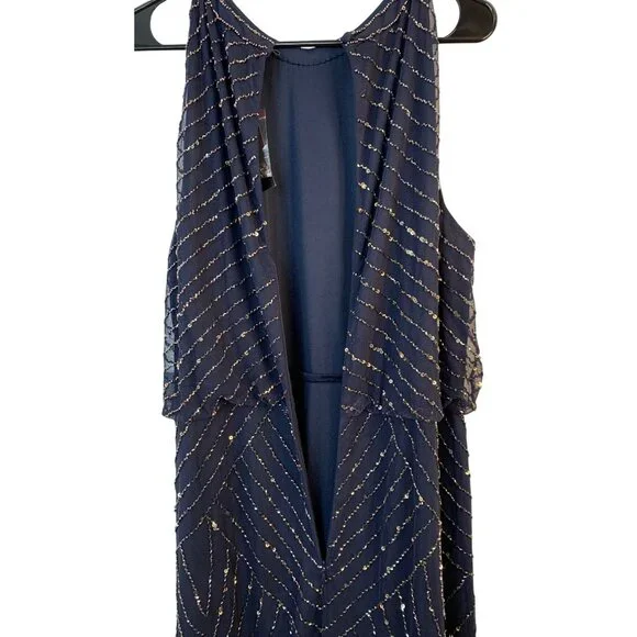 Adrianna Papell 18 Bead Halter Blousen Gown Navy Dress Art Deco Formal NwD - Picture 9 of 14